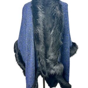 Blue Shawl with Black Faux Fur Trim One Size